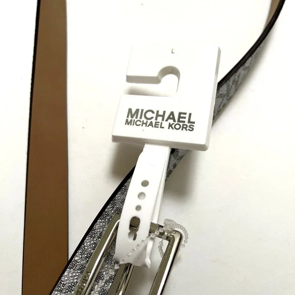 Michael Kors Signature Skinny Belt Silver Gray Monogram Womens Large L NWT